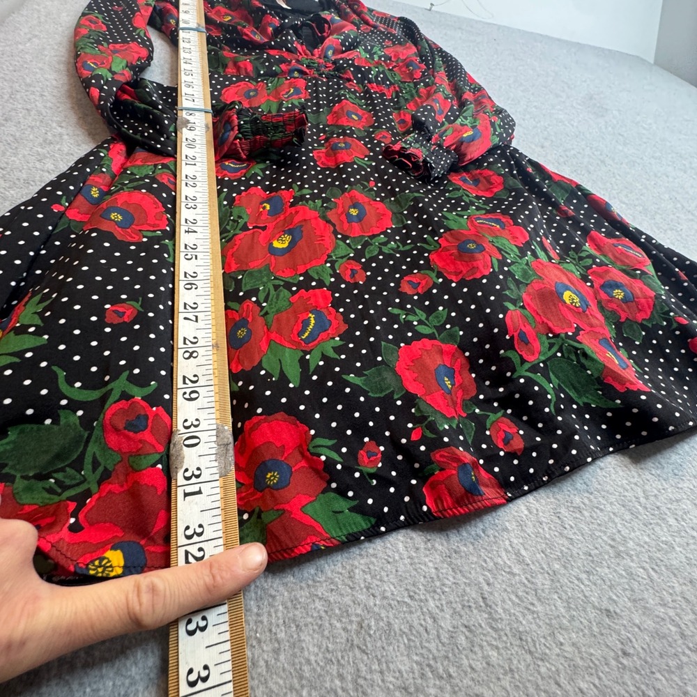 Free‎ People Long Sleeve Mini Dress Tie Front Black Red Floral Polka Dot Size S - Picture 5 of 8